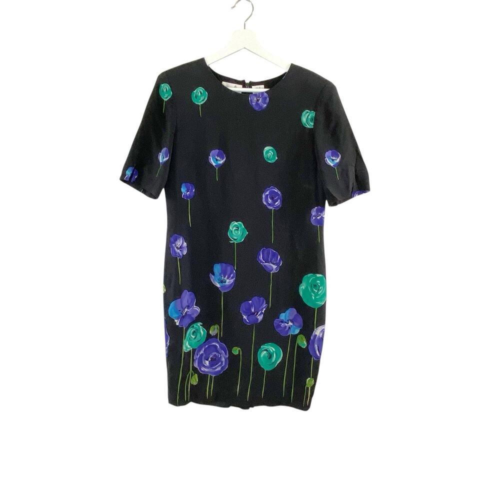 Liz Claiborne‎ Silk Shift Dress Womens Size 8 Black Floral Y2K Lined Vintage